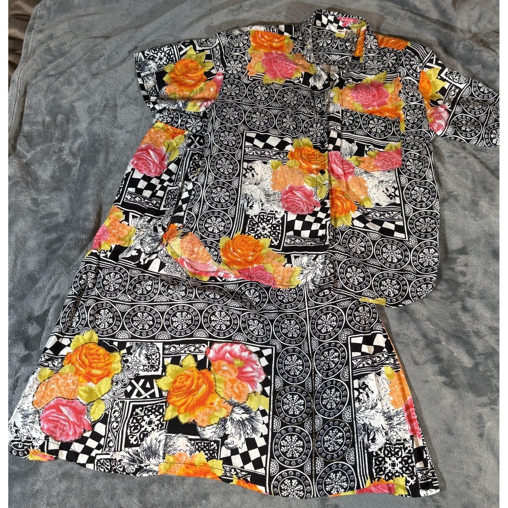 Jane Ashley Shirt Skirt Set Womens Medium Multicolor Floral Rayon Casual Summer